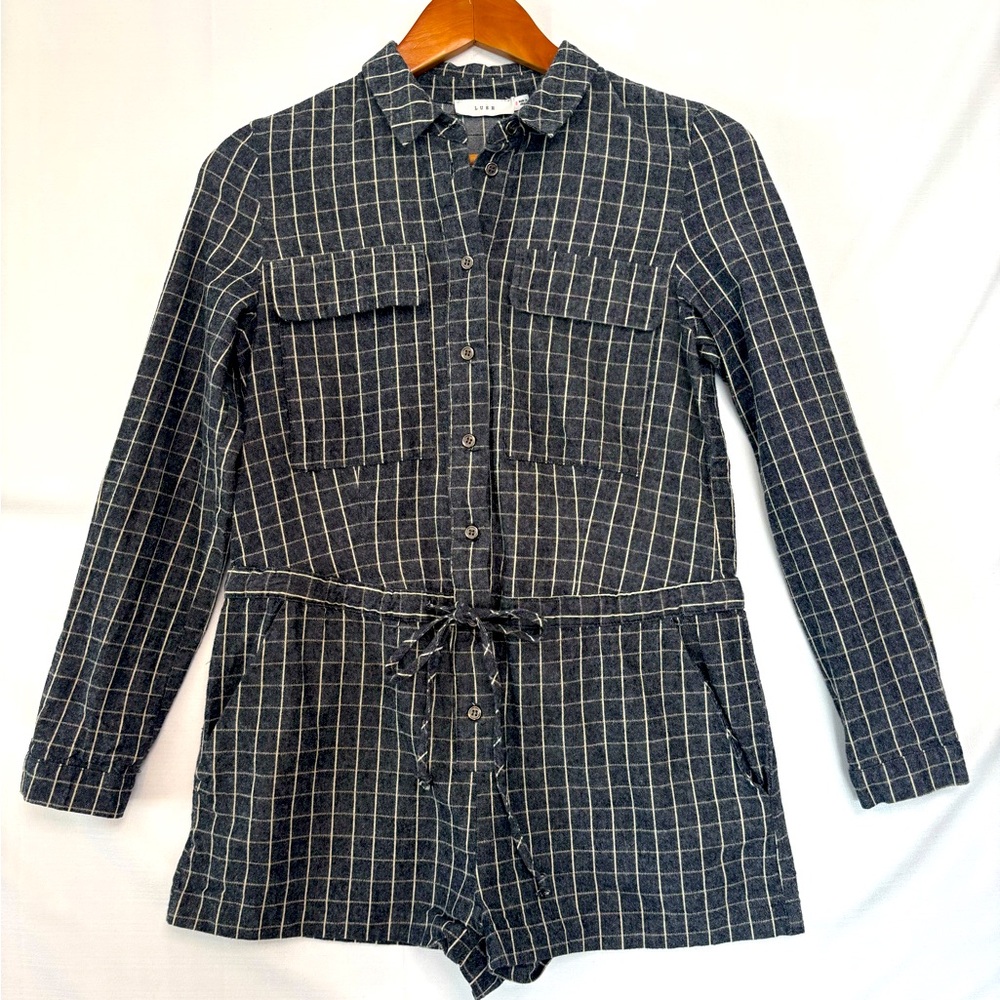 LUSH Gray Checkered Long Sleeve Romper Size Small